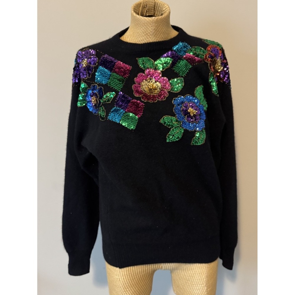 Marnie West Sweater Sz Medium Lambswool / Angora Rabbit  Floral Sequin Pink Blue